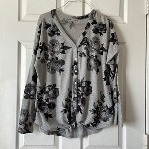 Absolutely Famous grey black floral flowers v neck button up tie front sweater M